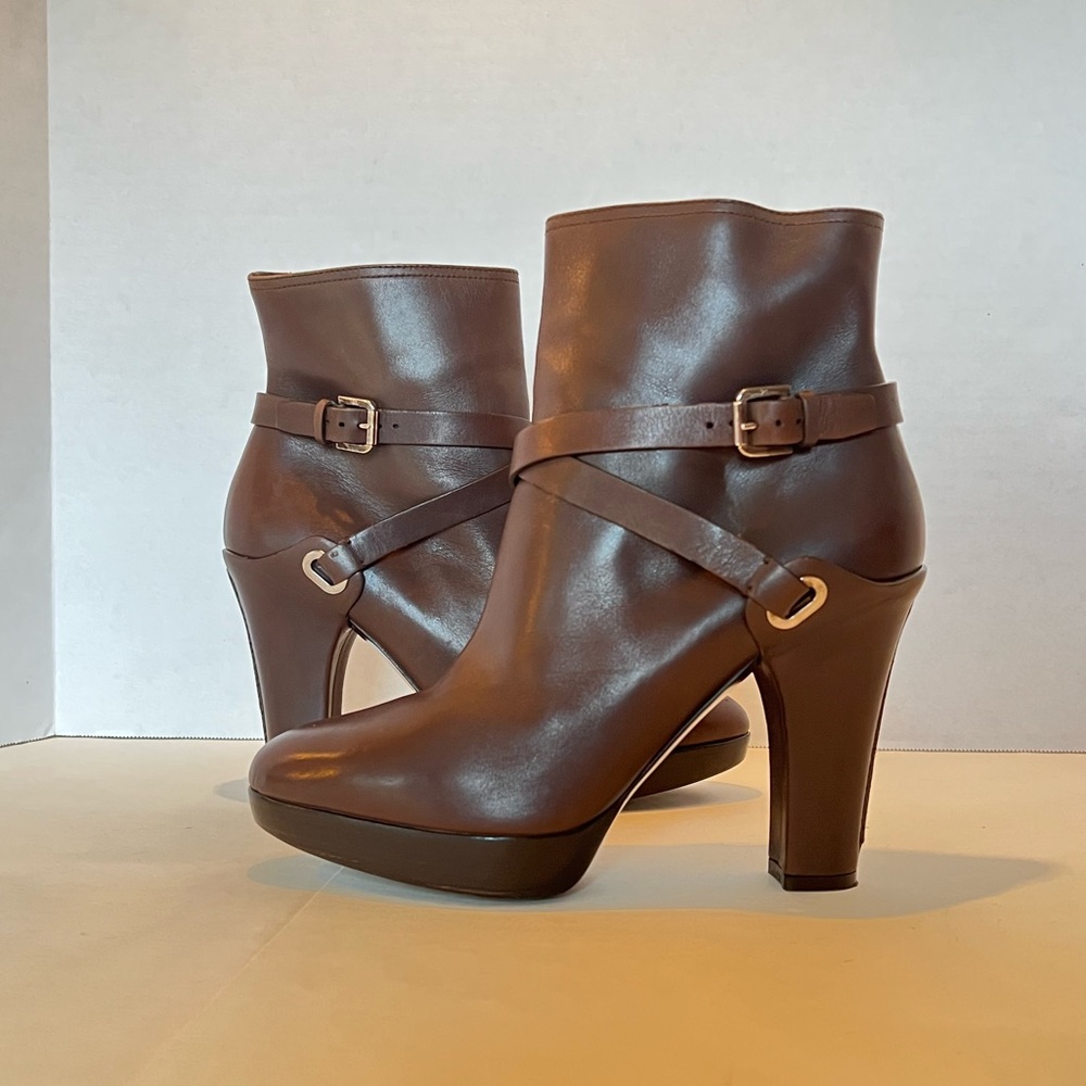 Ralph Lauren Purple Label Brown Leather Ankle Boots with Buckle Straps